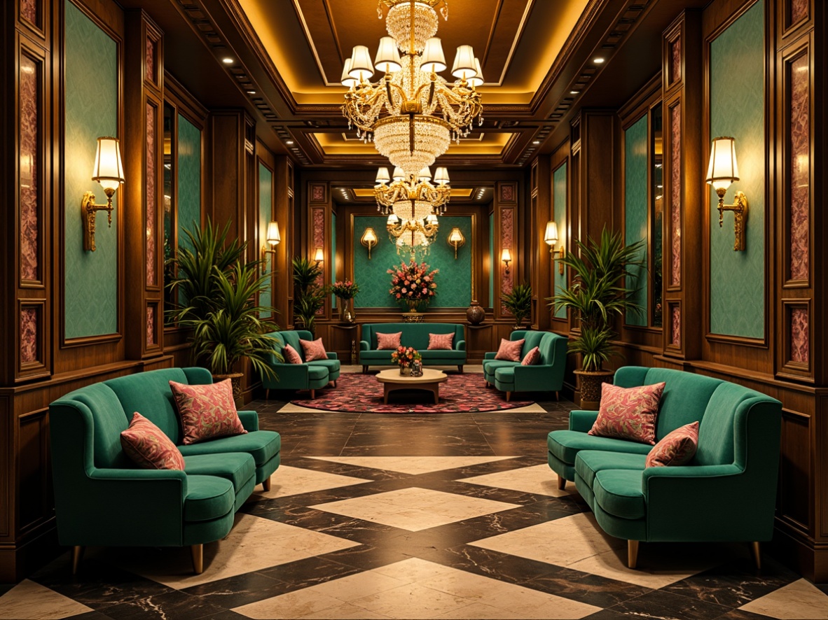 Prompt: Luxurious Art Deco interior, metallic accents, ornate patterns, rich jewel tones, emerald green, sapphire blue, amethyst purple, chrome yellows, geometric shapes, chevron designs, herringbone floors, marble surfaces, velvet textiles, luxurious fabrics, crystal chandeliers, warm golden lighting, high-contrast shadows, dramatic perspective, 1/1 composition, cinematic mood, opulent atmosphere, vintage glamour.