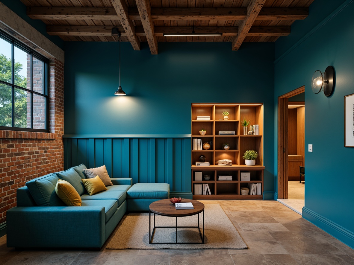 Prompt: Cerulean blue basement walls, cozy reading nooks, plush sectional sofas, warm wooden accents, industrial metal beams, exposed brick columns, rustic stone flooring, modern minimalist decor, soft ambient lighting, dramatic shadows, cinematic atmosphere, 1/1 composition, shallow depth of field, realistic textures, subtle color grading.