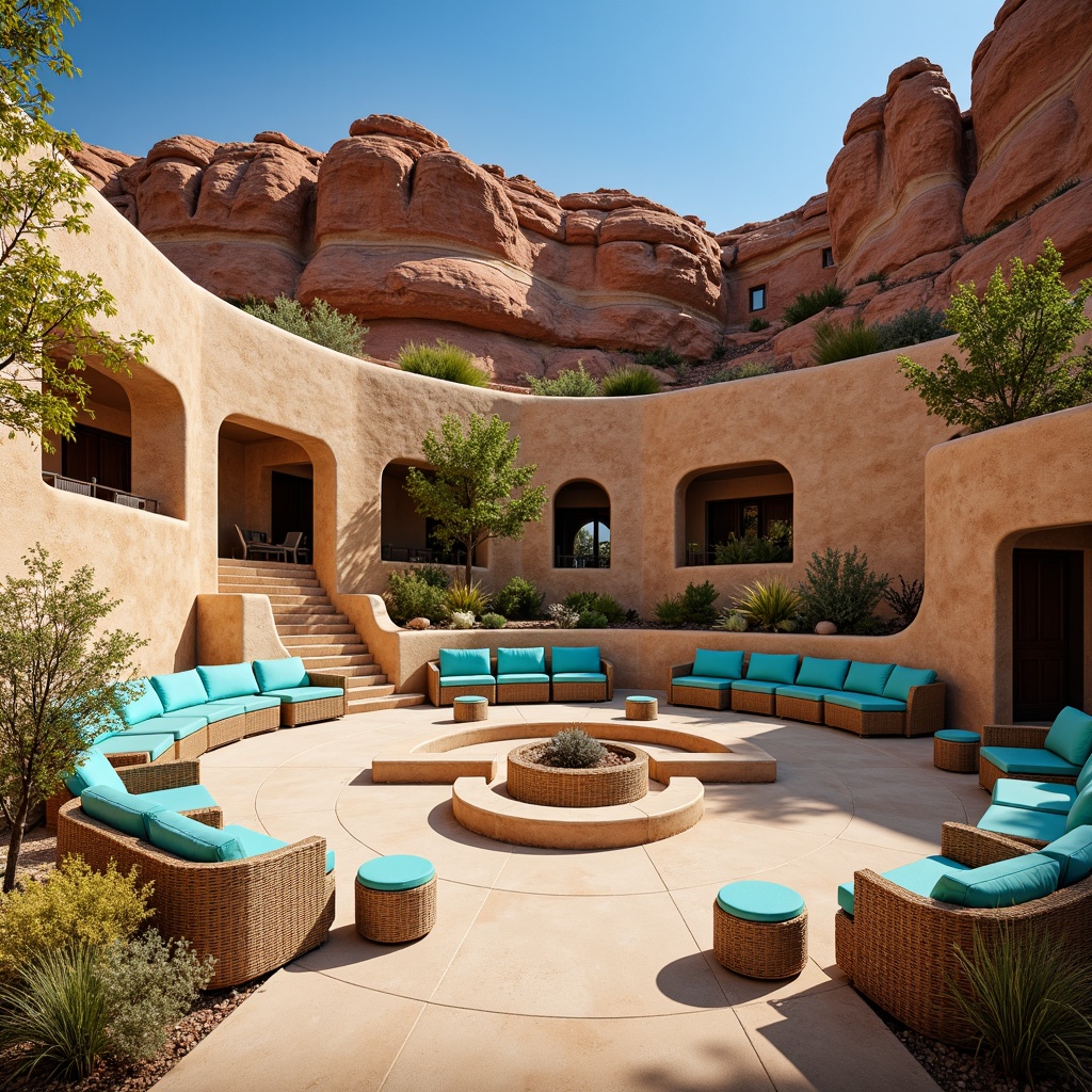 Prompt: Southwestern amphitheater, rustic stone walls, curved seating arrangement, vibrant turquoise accents, woven wicker furniture, plush cushions, natural wood tones, sandy beige floors, adobe-inspired architecture, bold red rock formations, clear blue skies, warm sunny day, soft shadows, 1/1 composition, shallow depth of field, realistic textures, ambient occlusion.