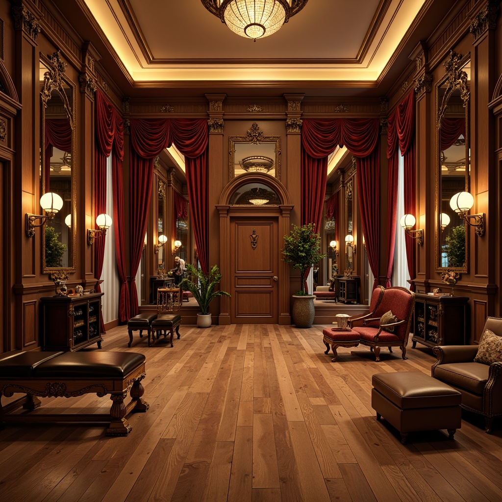 Prompt: Elegant home gym, rich wood flooring, ornate mirrors, vintage dumbbells, leather-bound weights, antique exercise machines, luxurious velvet drapes, warm golden lighting, intricate moldings, carved wooden panels, grand chandelier, crystal door handles, opulent furniture, regal color scheme, dramatic archways, stately columns, refined textures, cinematic composition, shallow depth of field, realistic render.