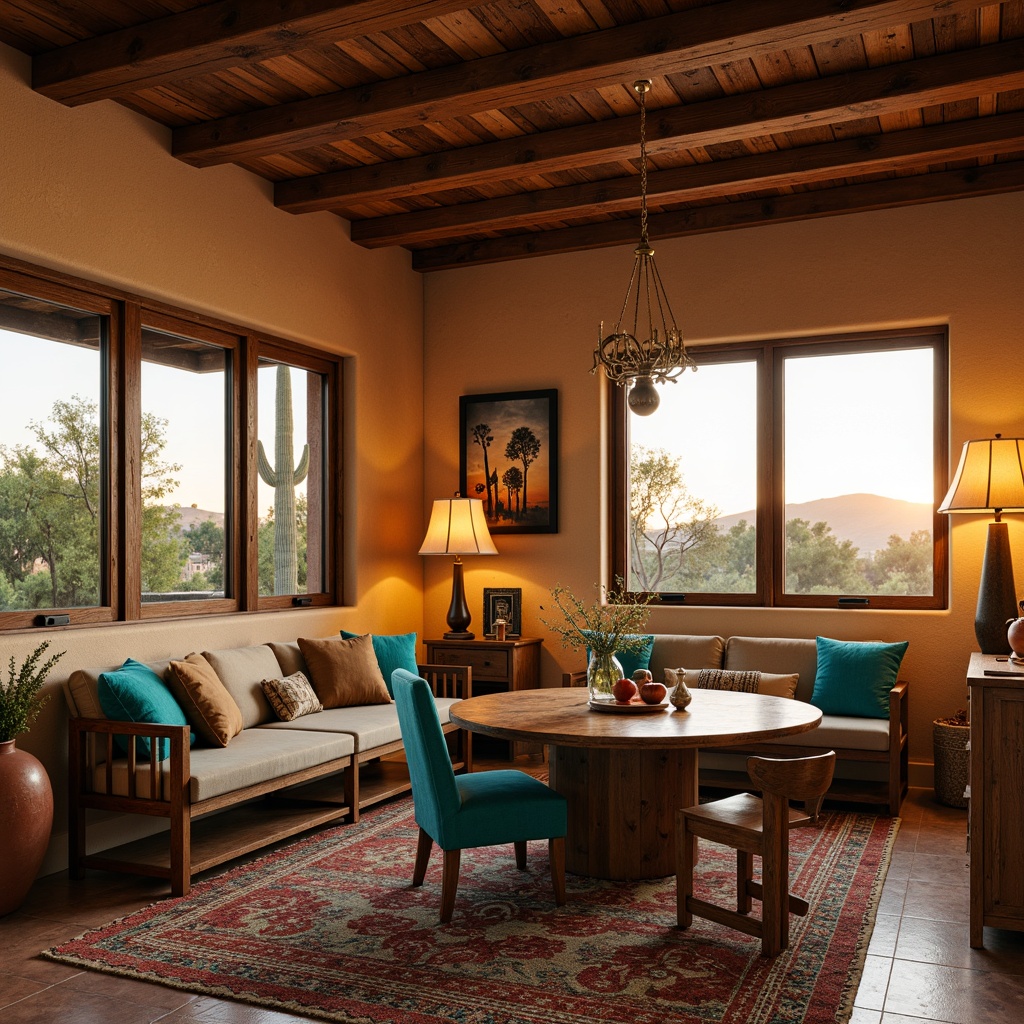 Prompt: Cozy Southwestern dining room, warm earthy tones, rustic wooden furniture, woven textiles, vibrant turquoise accents, clay pottery, natural fiber rugs, adobe-inspired architecture, large windows, soft warm lighting, table lamps, pendant lights, candles, lanterns, warm beige walls, rich wood ceiling, stucco finishes, desert botanical prints, cactus silhouettes, sunset views, dramatic shadows, 1/2 composition, shallow depth of field, realistic textures.