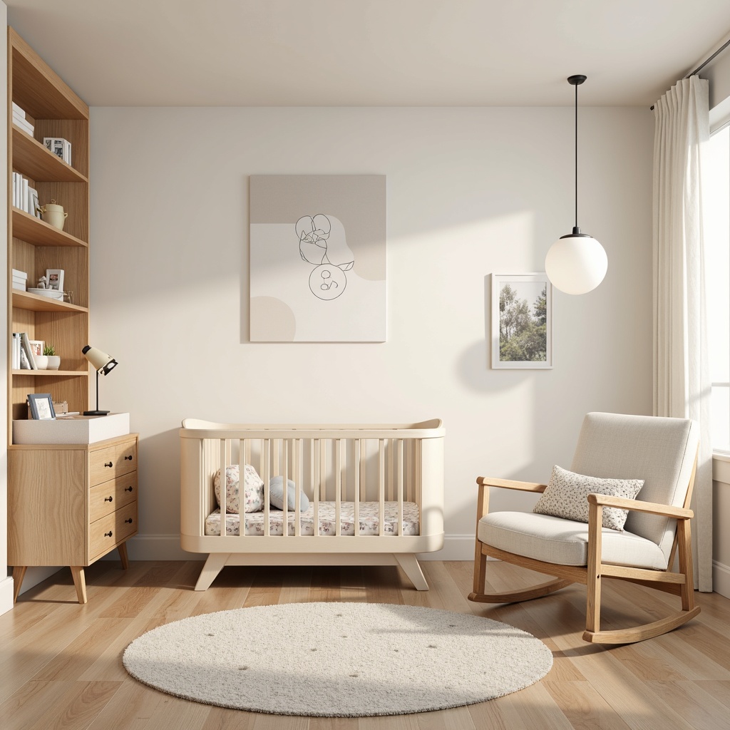 Prompt: Minimalist baby room, streamline modern furniture, curved crib, rounded edges, soft pastel colors, gentle nursery rhyme patterns, plush area rug, sleek wooden changing table, minimalist mobiles, creamy white walls, warm floor lamps, cozy reading nook, comfortable glider rocker, natural wood accents, soft focus lighting, shallow depth of field, 1/2 composition, warm beige tones, calming atmosphere.