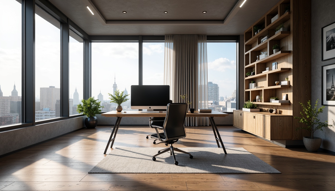 Prompt: Streamlined modern home office, minimalist desk, ergonomic chair, sleek metal legs, wooden floorboards, natural light, floor-to-ceiling windows, cityscape views, industrial-chic decor, geometric patterns, monochromatic color scheme, functional shelving units, hidden storage compartments, clutter-free workspace, adjustable task lighting, ambient soft glow, 1/1 composition, shallow depth of field, realistic textures.