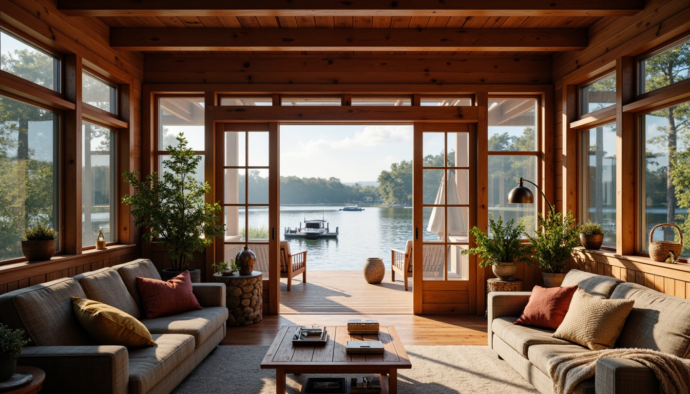 Prompt: Cozy boathouse, rustic wooden docks, serene lake views, warm natural light, soft morning glow, earthy color palette, craftsman-style architecture, wooden accents, stone chimney, nautical decorations, vintage boat models, woven textiles, comfortable furnishings, plush throw blankets, wooden beam ceilings, large windows, French doors, tranquil atmosphere, shallow depth of field, 1/2 composition, warm color grading.