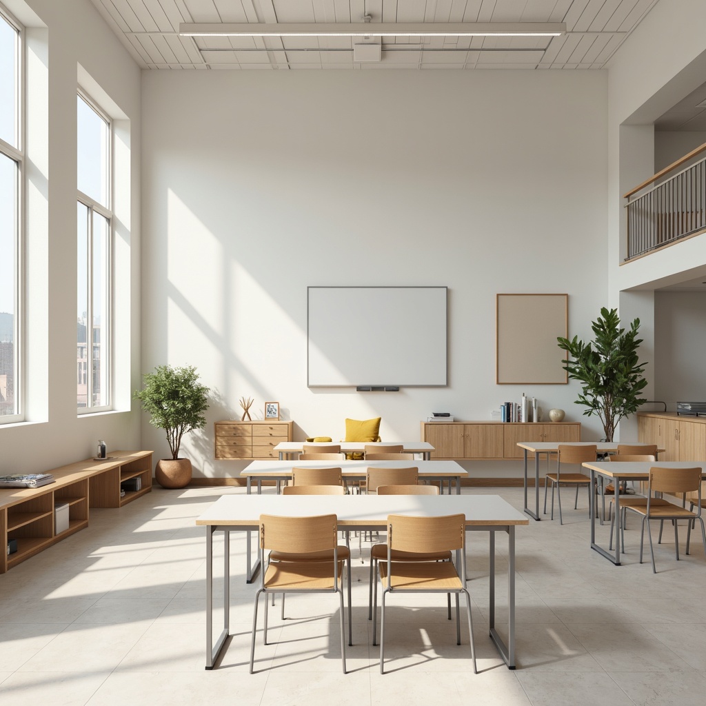 Prompt: Simple school furniture, minimalist design, clean lines, neutral colors, wooden chairs, metal tables, ergonomic desks, comfortable cushions, soft pastel hues, natural light, open spaces, collaborative learning areas, flexible seating arrangements, durable materials, easy maintenance, subtle branding elements, calm atmosphere, shallow depth of field, 1/1 composition, realistic textures, ambient occlusion.