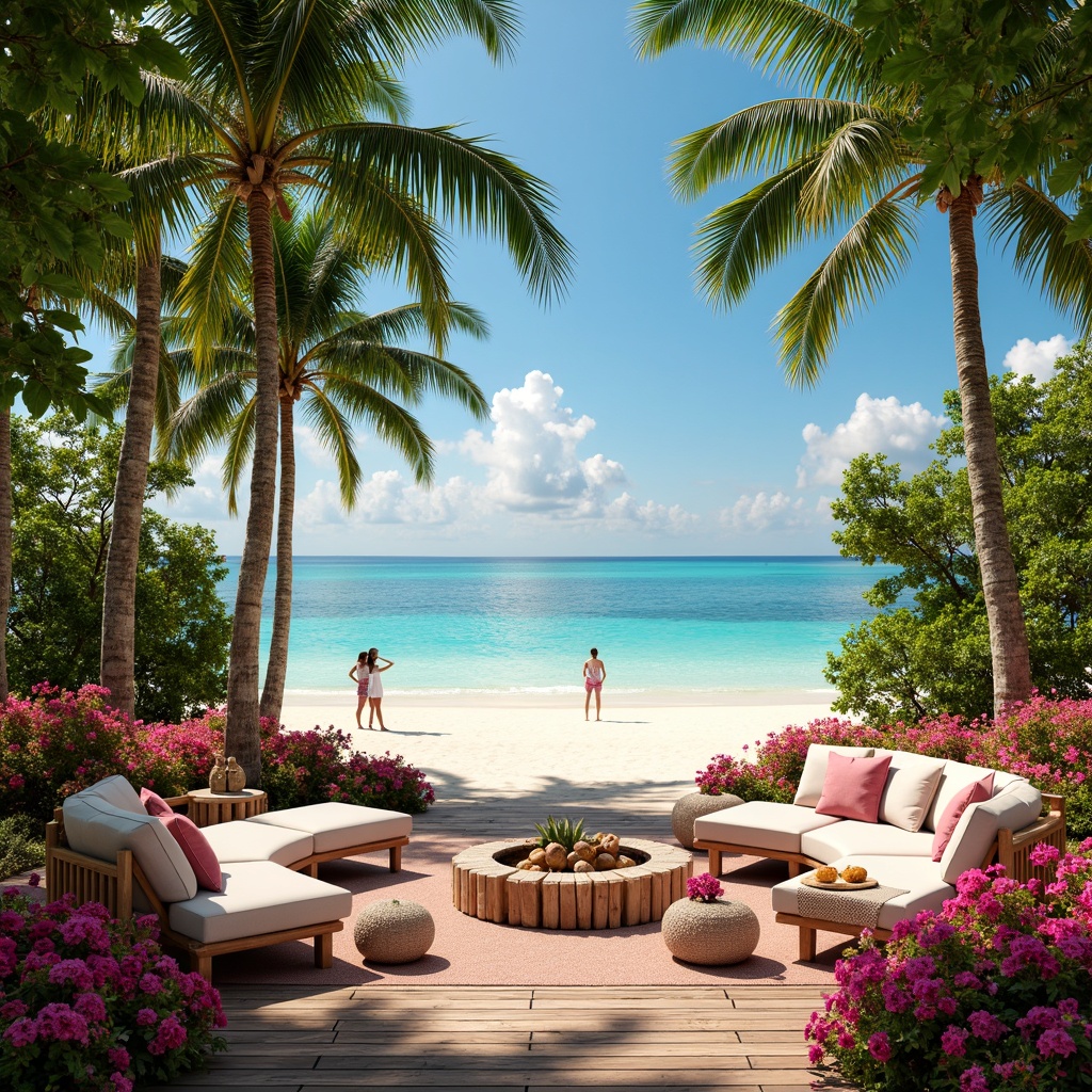 Prompt: Vibrant tropical island, lush green palm trees, exotic floral arrangements, warm sandy beaches, crystal-clear turquoise waters, colorful tiki torches, rustic wooden decks, natural woven textiles, rattan furniture, bright coral-inspired hues, pastel shades of pink and blue, sunny daylight, soft warm lighting, 3/4 composition, panoramic view, realistic textures, ambient occlusion.