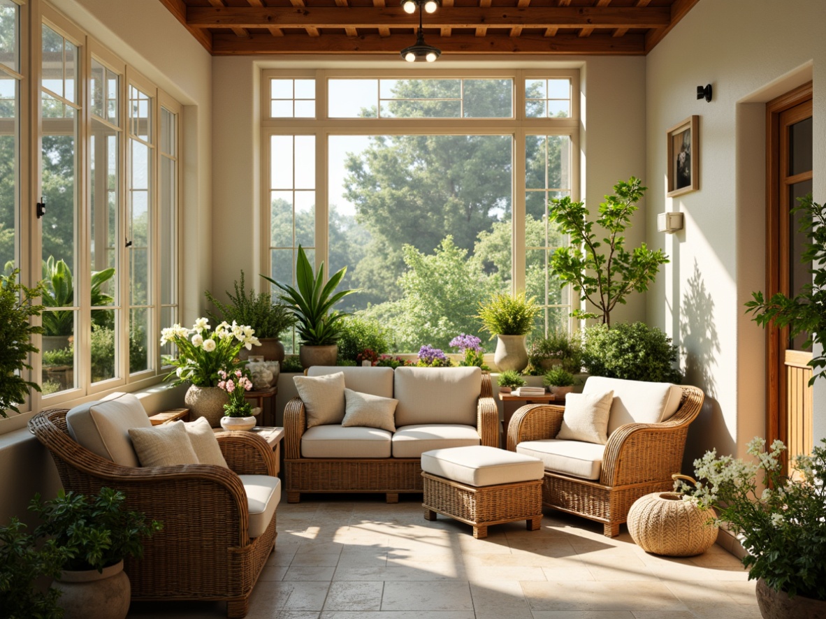 Prompt: Cozy sunroom, warm natural light, lush greenery, vibrant flower arrangements, comfortable wicker furniture, plush cushions, soft pastel colors, creamy whites, warm beige tones, rich wood accents, natural stone floors, large windows, sliding glass doors, blooming plants, sunny day, gentle warm lighting, shallow depth of field, 3/4 composition, realistic textures.