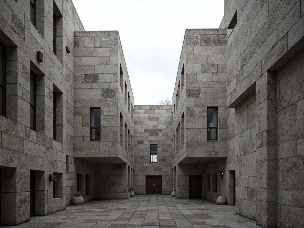 Prompt: Raw concrete walls, rugged stone textures, fortress-like structures, angular window frames, narrow vertical windows, small punched openings, minimalist ornamentation, brutalist architectural style, monumental scale, dramatic shadows, cold harsh lighting, high contrast ratios, deep depth of field, 1/1 composition, symmetrical view, realistic materials, ambient occlusion.