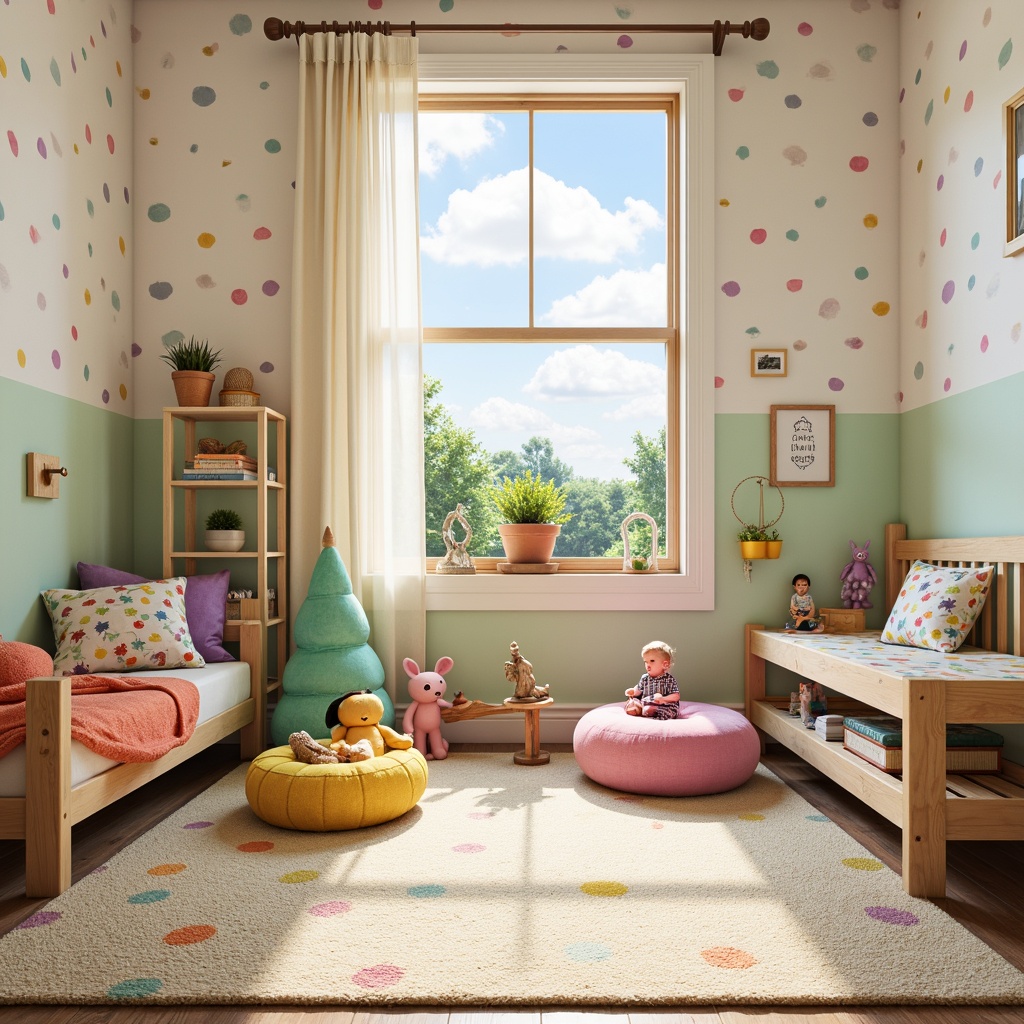 Prompt: Vibrant kids' room, whimsical colors, soft pastel hues, creamy whites, gentle yellows, soothing blues, lively greens, playful purples, cheerful polka dots, colorful stripes, fun textures, kid-friendly furniture, cozy reading nooks, imaginative play areas, natural wood accents, plush carpets, sunny afternoon light, warm gentle shadows, shallow depth of field, 1/1 composition, inviting atmosphere.