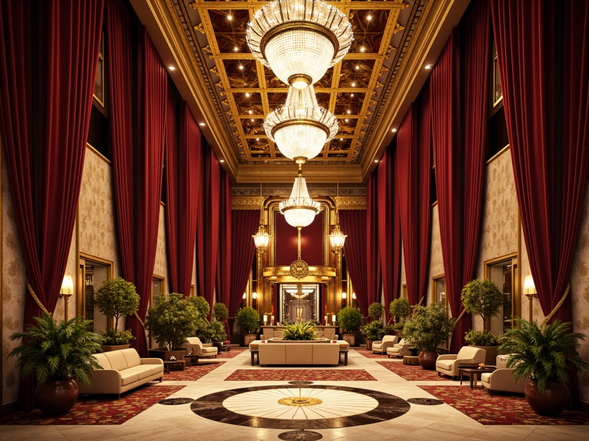 Prompt: Opulent Art Deco palace, lavish geometric patterns, ornate metalwork, luxurious velvet drapes, crystal chandeliers, intricate marble floors, golden accents, sunburst motifs, stylized florals, bold color schemes, metallic sheens, ornamental moldings, elegant typography, lavish furniture upholstery, richly textured fabrics, dramatic spotlights, low-angle photography, cinematic composition, warm golden lighting.