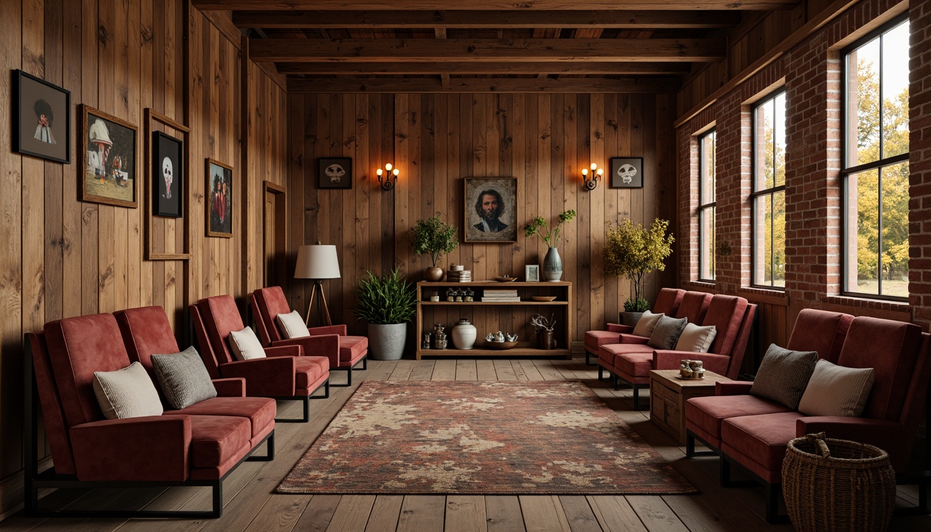 Prompt: Rustic farmhouse theater, reclaimed wood accents, vintage metal chairs, plush velvet cushions, distressed leather upholstery, wooden floorboards, exposed brick walls, high ceilings, industrial-style lighting fixtures, eclectic decorative props, cozy throw blankets, autumnal color palette, soft warm lighting, shallow depth of field, 1/2 composition, intimate setting, realistic textures, ambient occlusion.