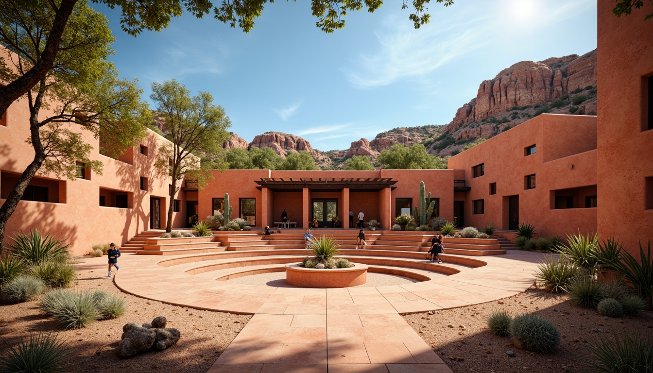 Prompt: Earthy tones amphitheater, rugged stone walls, wooden benches, southwestern desert landscape, cacti plants, blue sky, warm sunny day, natural light pouring in, large windows, open roof, skylights, rustic metal accents, earthy red hues, sandy walkways, adobe-inspired architecture, geometric patterns, vibrant turquoise accents, authentic Native American textiles, organic shapes, minimal modern touches, shallow depth of field, 1/1 composition, soft warm lighting, realistic textures.