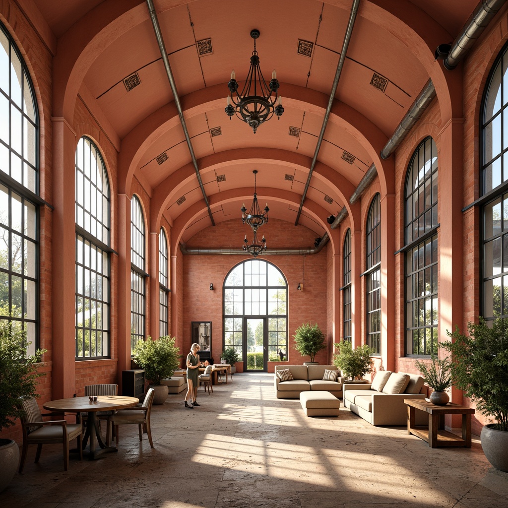 Prompt: Warm coral hues, soft peach tones, creamy whites, rich gold accents, industrial metal frames, distressed brick walls, vintage factory windows, ornate neoclassical details, intricate moldings, grand archways, high ceilings, dramatic chandeliers, warm ambient lighting, shallow depth of field, 1/1 composition, symmetrical view, realistic textures, subtle grain effect.