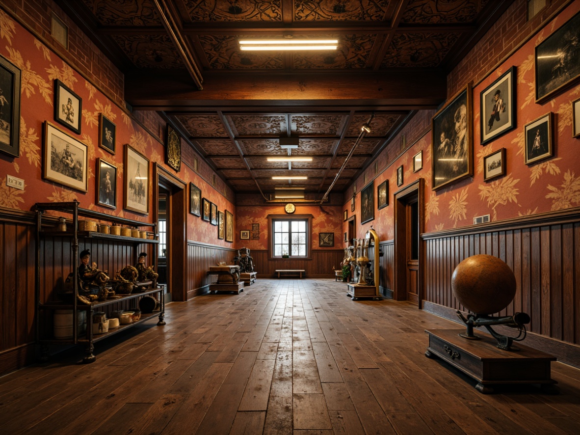 Prompt: Richly textured walls, ornate moldings, distressed wood panels, vintage athletic equipment, antique mirrors, rustic brick accents, industrial metal beams, exposed ductwork, reclaimed wooden floors, decorative tin ceilings, warm golden lighting, dramatic shadows, 1/2 composition, atmospheric perspective, realistic worn edges.