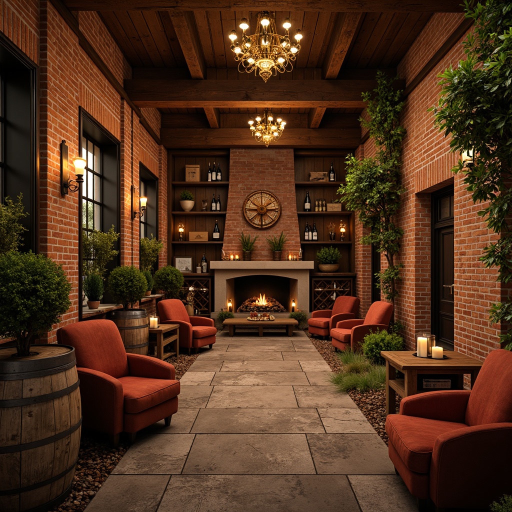 Prompt: Earthy winery interior, rich wooden accents, distressed brick walls, vintage wine barrels, rustic metal fixtures, warm candlelight, soft golden lighting, cozy fireplace nooks, plush velvet furnishings, natural stone flooring, earthy color palette, terracotta hues, weathered wood tones, mossy greenery, lush vines, elegant chandeliers, classic wooden tables, comfortable leather armchairs, ornate wine racks, ambient warm atmosphere, shallow depth of field, 1/2 composition, realistic textures, subtle noise reduction.