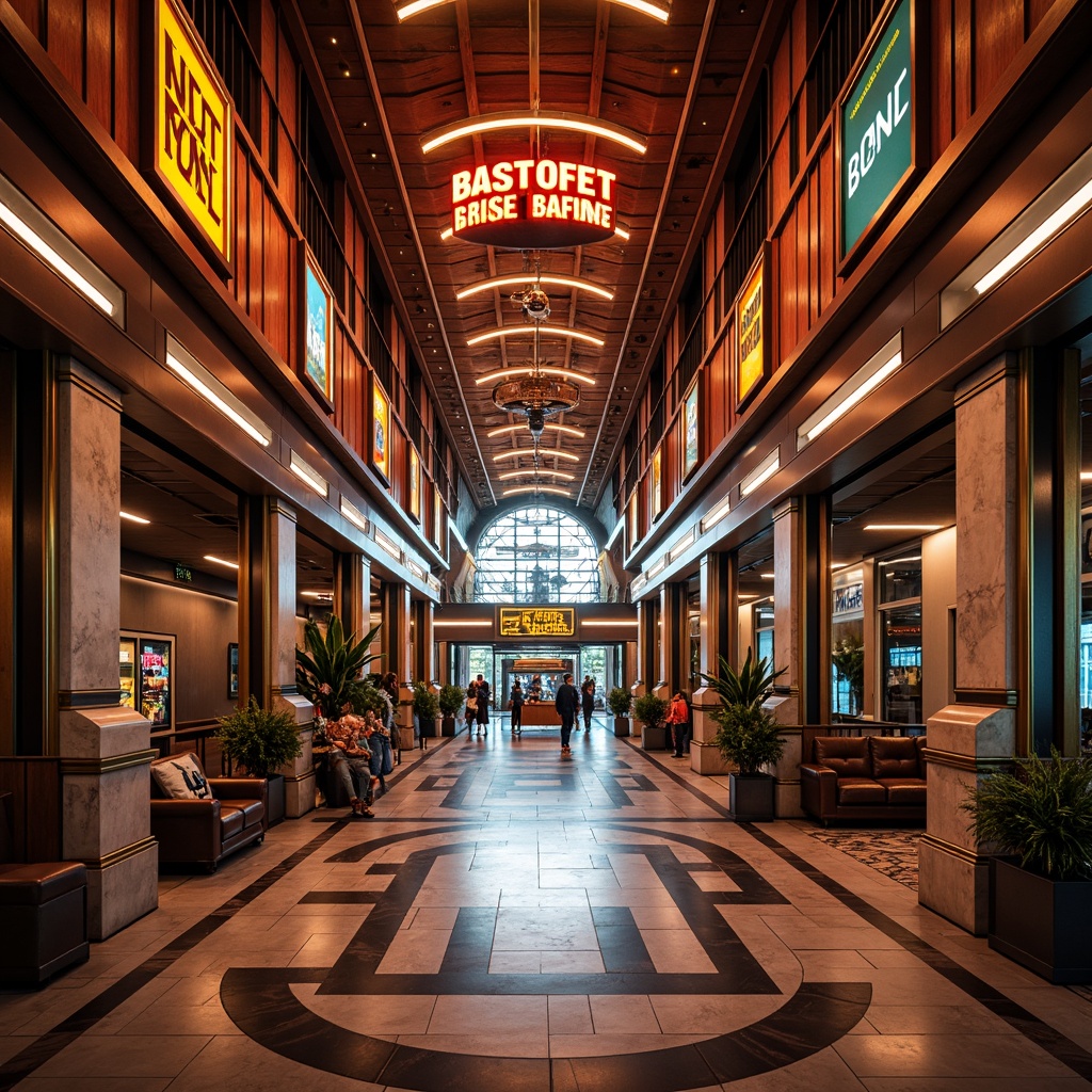 Prompt: Luxurious bus station, metallic accents, ornate details, geometric patterns, chrome fixtures, marble floors, rich wood paneling, vibrant neon lights, stylized typography, bold colors, sleek curves, retro-futuristic vibe, high-contrast lighting, dramatic shadows, cinematic composition, 1/2 shot, low-angle view, warm golden hour, soft focus, realistic textures.