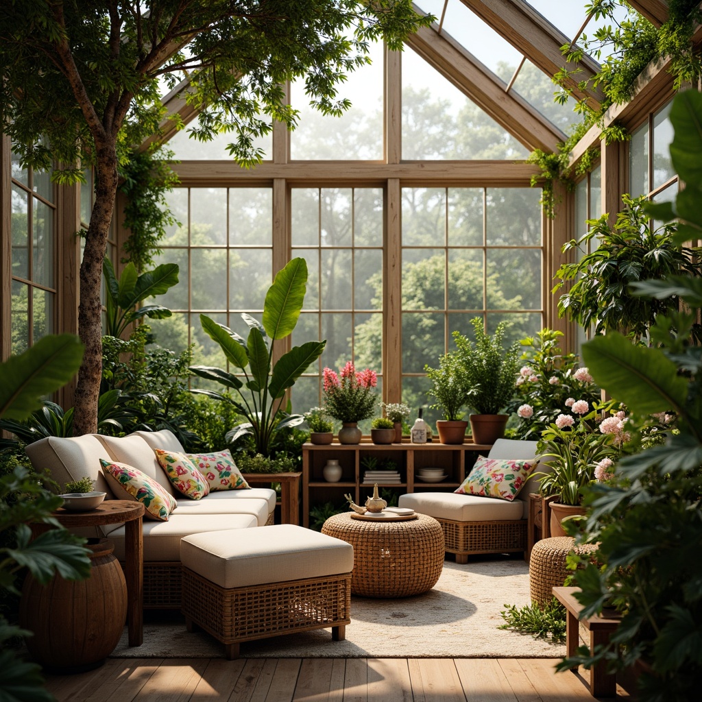 Prompt: Cozy greenhouse interior, lush greenery, natural fibers, woven rattan furniture, plush throw pillows, vibrant floral patterns, soft warm lighting, misty atmosphere, tropical plants, exotic flowers, wooden planters, earthy tones, organic textures, nature-inspired color palette, calming ambiance, serene retreat, refreshing humid climate, filtered sunlight, 1/1 composition, shallow depth of field, realistic rendering.