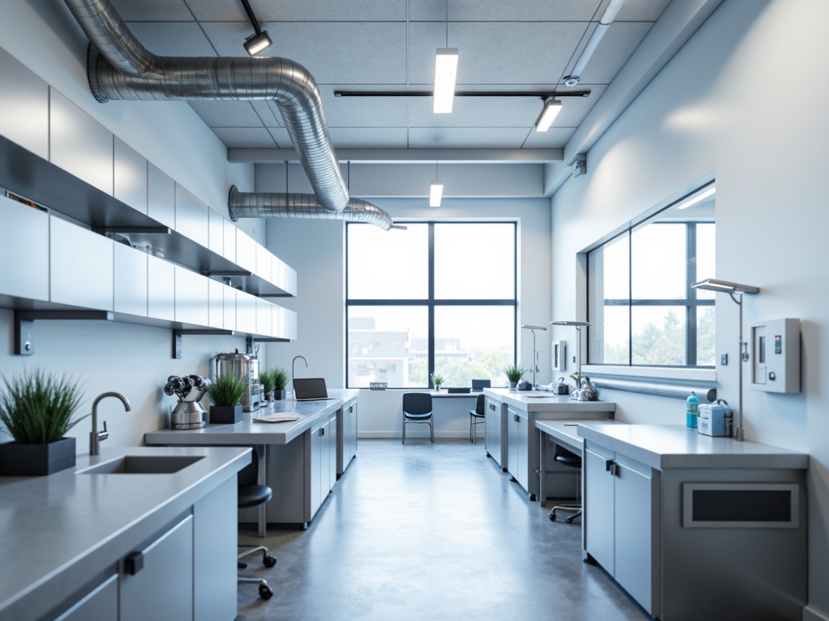 Prompt: Minimalist laboratory, pure white walls, polished metal surfaces, sleek equipment, modern LED lighting, soft ambient glow, subtle shadows, high-contrast highlights, monochromatic color scheme, stainless steel workstations, glass countertops, minimalist furniture, industrial-style flooring, exposed ductwork, adjustable track lighting, cool blue undertones, reduced noise levels, 1/1 composition, realistic reflections, subtle lens flares.