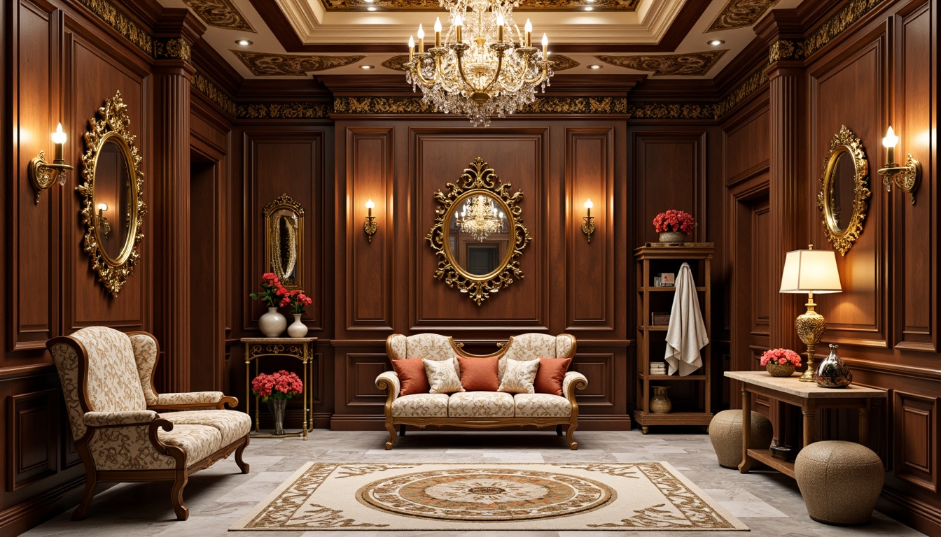 Prompt: Ornate mudroom furniture, rich wood tones, carved wooden paneling, gilded accents, velvet upholstery, luxurious fabrics, intricate patterns, golden lighting fixtures, ornamental mirrors, decorative vases, lavish accessories, grandiose architecture, high ceilings, marble floors, crystal chandeliers, opulent textures, warm ambient lighting, shallow depth of field, 2/3 composition, realistic reflections, detailed normal maps.