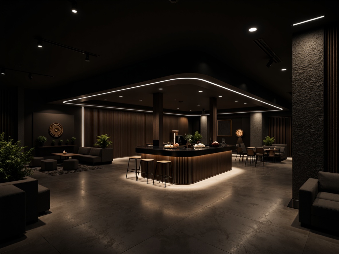 Prompt: Minimalist nightclub, dark tone, sleek lines, polished concrete floors, low ceilings, intimate atmosphere, subtle lighting, LED strips, DJ booth, soundproofing panels, acoustic diffusers, minimal decor, industrial chic, urban aesthetic, dimly lit bars, stools, tables, couches, fog machines, strobe lights, pulsing lasers, thumping bass, clear sound quality, 1/2 composition, shallow depth of field, warm color tone, realistic textures.