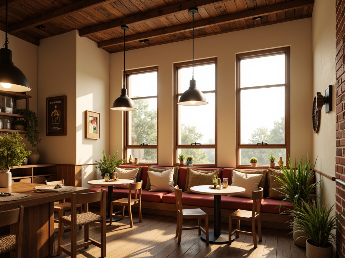 Prompt: Cozy breakfast nook, warm creamy colors, soft morning light, pendant lights, industrial metal shades, Edison bulb fixtures, wooden ceiling beams, rustic brick walls, farmhouse-style decor, natural woven textiles, vintage-inspired kitchenware, gentle spotlighting, warm white lighting, 1/1 composition, shallow depth of field, realistic wood textures, ambient occlusion.