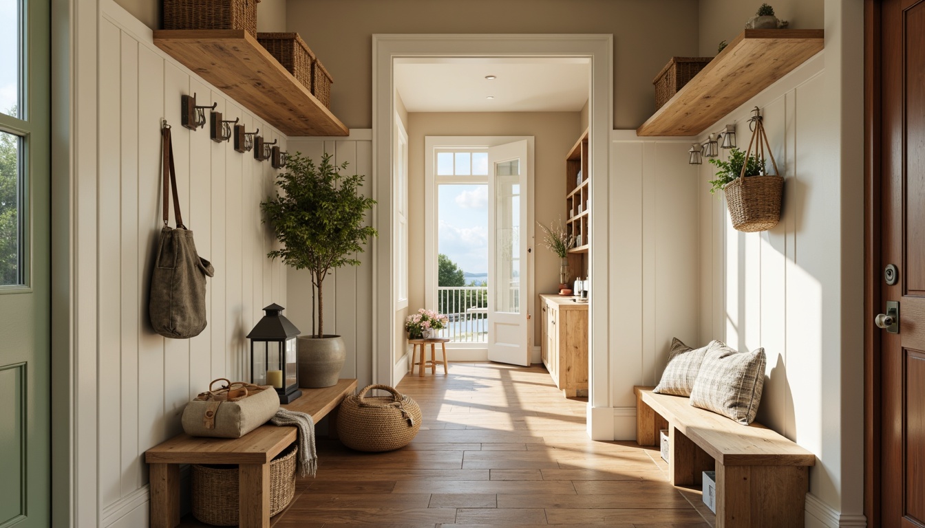 Prompt: Cozy mudroom, earthy tones, natural textures, wooden benches, rustic metal hooks, woven baskets, warm beige walls, soft sage accents, creamy whites, rich woodgrain floors, inviting lanterns, natural light pouring in, shallow depth of field, 3/4 composition, realistic textures, ambient occlusion.