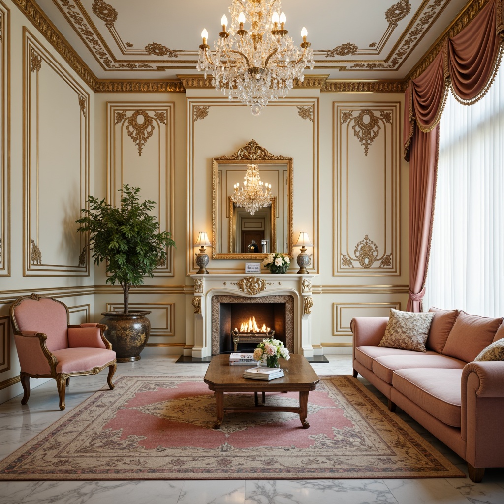 Prompt: Luxurious Rococo apartment, ornate gilded moldings, soft cream-colored walls, lavish crystal chandeliers, velvet upholstered furniture, intricate carvings, curved lines, delicate florals, pastel color palette, marble floors, ornamental mirrors, gold leaf accents, plush carpets, opulent fabrics, Baroque-inspired patterns, warm soft lighting, shallow depth of field, 1/2 composition, intimate atmosphere.