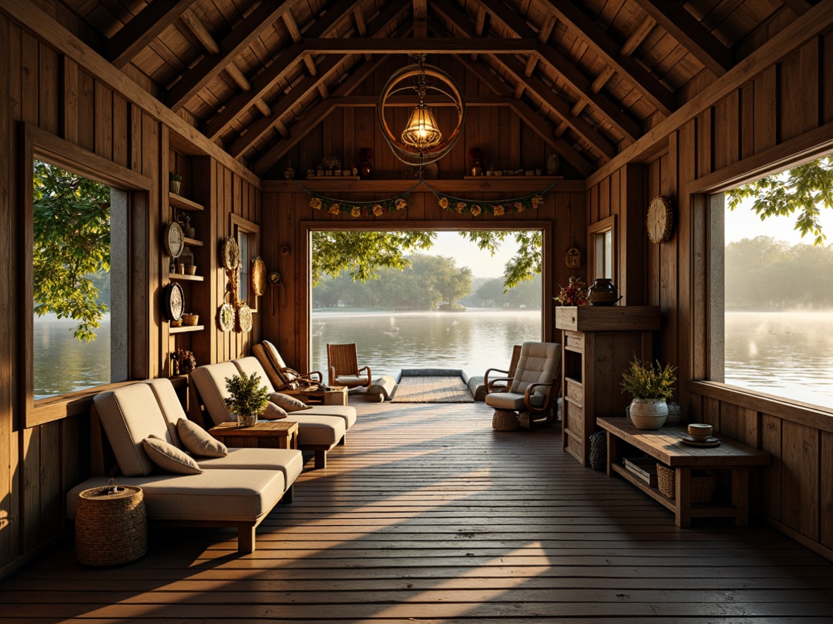 Prompt: Rustic boathouse, wooden docks, nautical ropes, weathered wood planks, cozy interior, warm lighting, wooden furniture, handcrafted decorations, natural textiles, earthy colors, lake or river surroundings, serene water reflections, overhanging trees, soft misty atmosphere, shallow depth of field, 1/2 composition, warm golden lighting, realistic wood grain textures.