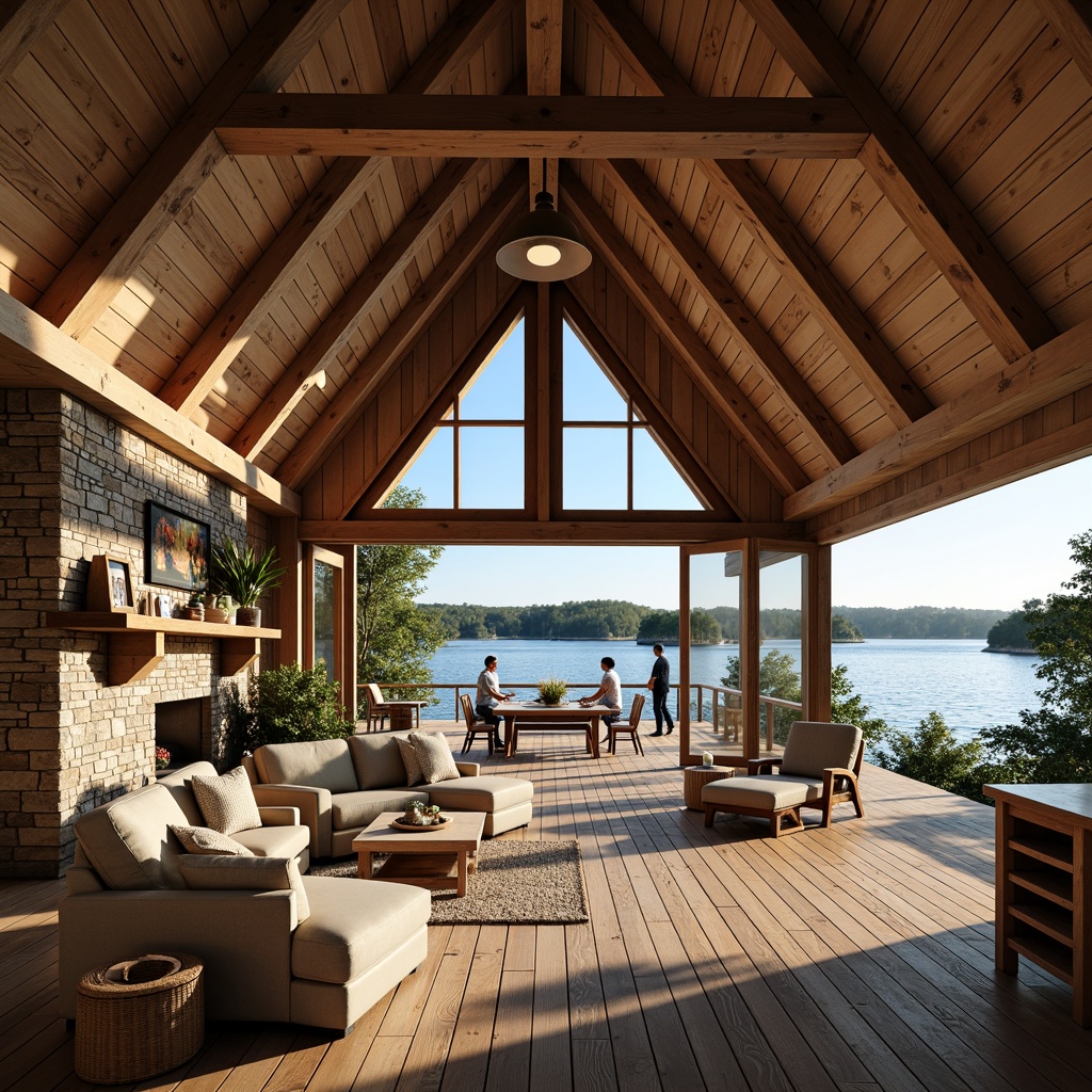 Prompt: Rustic boathouse, wooden docks, serene lake views, open floor plan, craftsman-style interior, reclaimed wood accents, stone fireplace, vaulted ceilings, wooden beams, natural textures, earthy color palette, comfortable furnishings, nautical decorative elements, vintage boat-inspired decor, pendant lighting, large windows, sliding glass doors, lakeside scenery, lush greenery, sunny day, soft warm lighting, shallow depth of field, 3/4 composition, panoramic view, realistic textures, ambient occlusion.