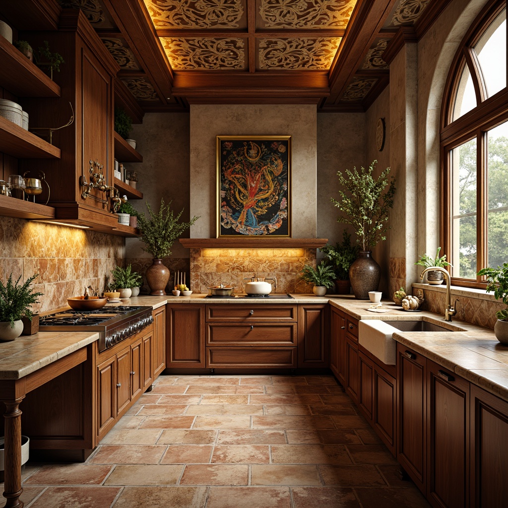 Prompt: Elegant Art Nouveau kitchen, ornate wooden cabinets, sinuous metal fixtures, flowing organic patterns, warm earthy tones, distressed wood flooring, rich terracotta tiles, natural stone countertops, mosaic backsplashes, soft warm lighting, atmospheric shadows, 1/2 composition, realistic textures, ambient occlusion.