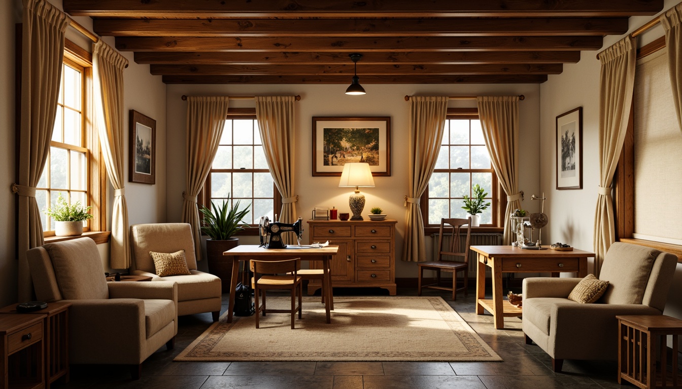 Prompt: Cozy craft room, classic wooden furniture, warm beige tones, soft fabric textiles, vintage sewing machines, ornate metal lamps, warm golden lighting, subtle shadowing, 1/1 composition, intimate atmosphere, realistic wood grain textures, ambient occlusion, soft focus blur, warm afternoon light, natural stone flooring, comfortable plush armchairs, elegant curtains, classic art pieces, rich brown leather accents.