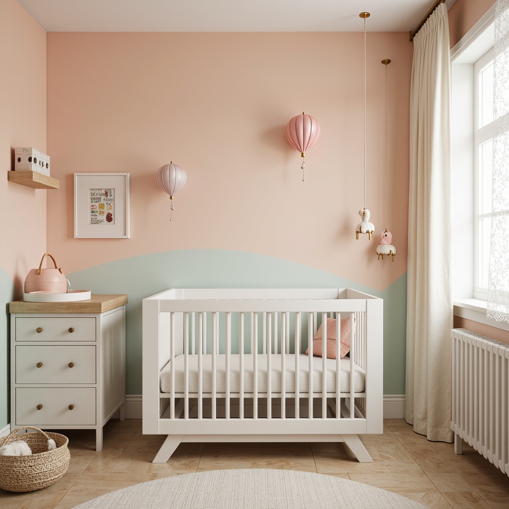 Prompt: Soft peach walls, creamy white furniture, gentle mint accents, warm beige floors, modern minimalist crib, sleek metallic mobiles, delicate lace curtains, airy balloon decorations, pastel-colored nursery rhyme prints, natural wood changing table, gentle glow string lights, cozy plush area rug, calming ombre wall mural, soft focus photography style, 1/1 composition, warm natural lighting, subtle texture overlay.