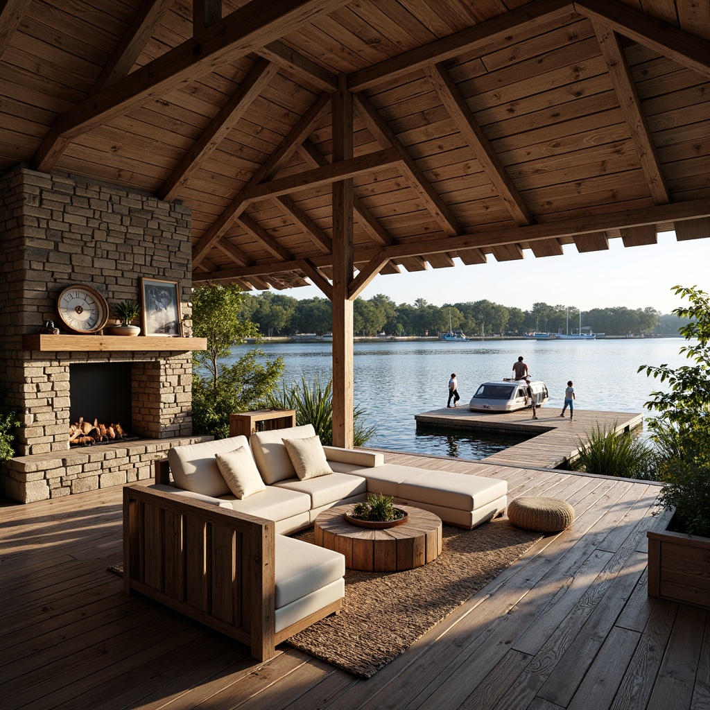 Prompt: Rustic boathouse, wooden dock, serene lake views, natural stone foundation, wooden pilings, nautical decorative elements, open floor plan, high ceilings, exposed beams, wooden floors, cozy fireplace, comfortable sectional sofas, vintage nautical artifacts, soft warm lighting, shallow depth of field, 1/1 composition, realistic textures, ambient occlusion, water-inspired color palette, earthy tones, natural materials, organic shapes.