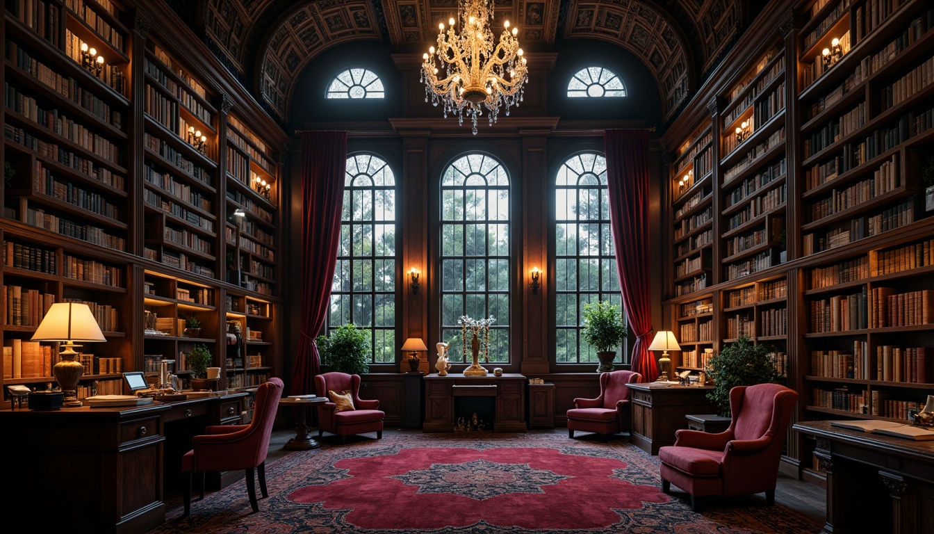 Prompt: Dark, mysterious library, grandiose chandeliers, ornate wooden shelves, leather-bound tomes, richly upholstered armchairs, heavy drapery, intricate stone carvings, vaulted ceilings, stained glass windows, mystical ambiance, dramatic lighting, warm candlelight, antique furniture pieces, carved wooden desks, mysterious ancient artifacts, eerie silence, isolated reading nooks, luxurious velvet fabrics, regal red tones, somber grey hues.