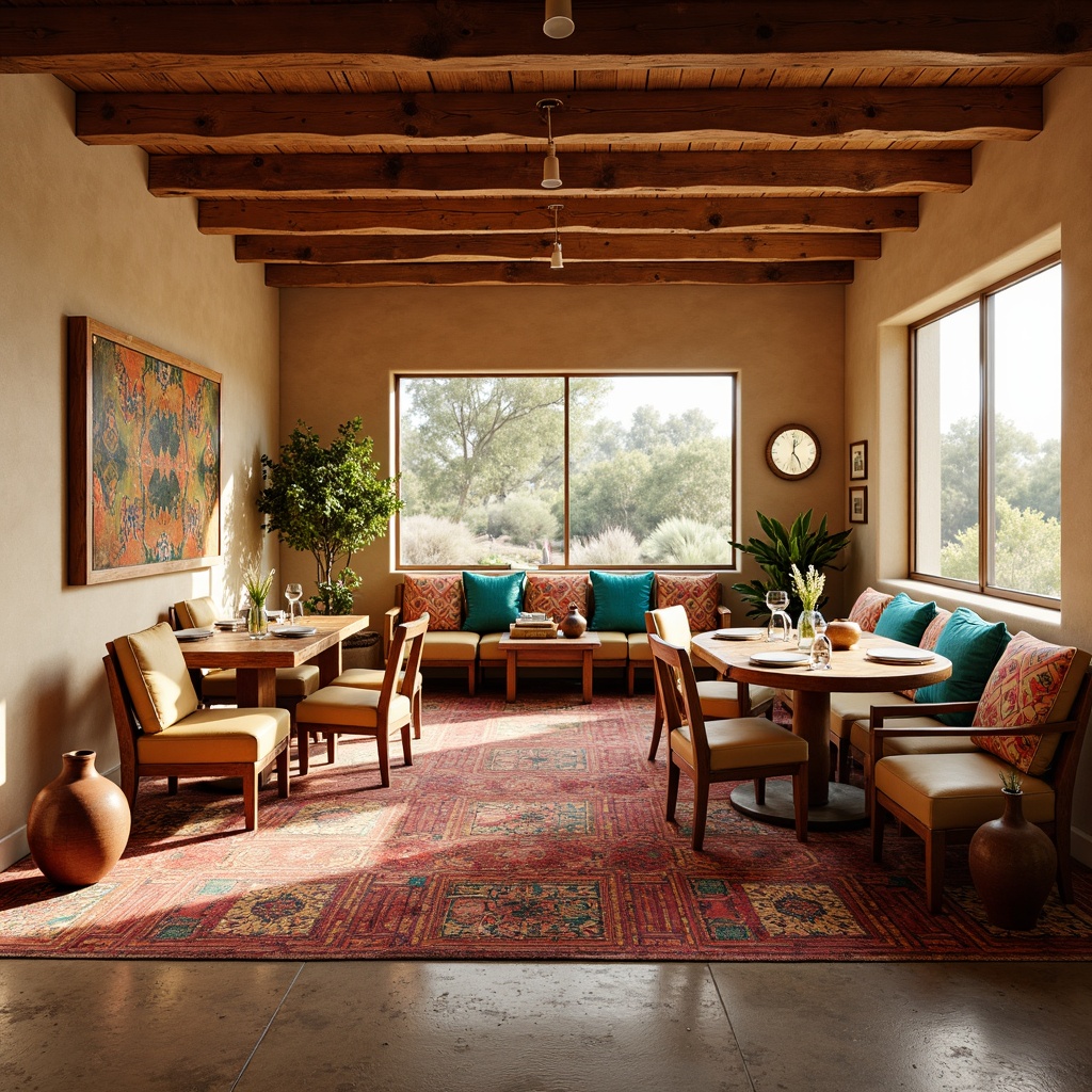 Prompt: Southwestern dining room, warm earthy tones, natural wood furniture, woven textiles, vibrant colorful rugs, clay pottery vases, rustic wooden tables, plush comfortable chairs, turquoise accents, geometric patterned throw pillows, desert botanicals, large windows, soft warm lighting, 1/1 composition, shallow depth of field, realistic textures, ambient occlusion.