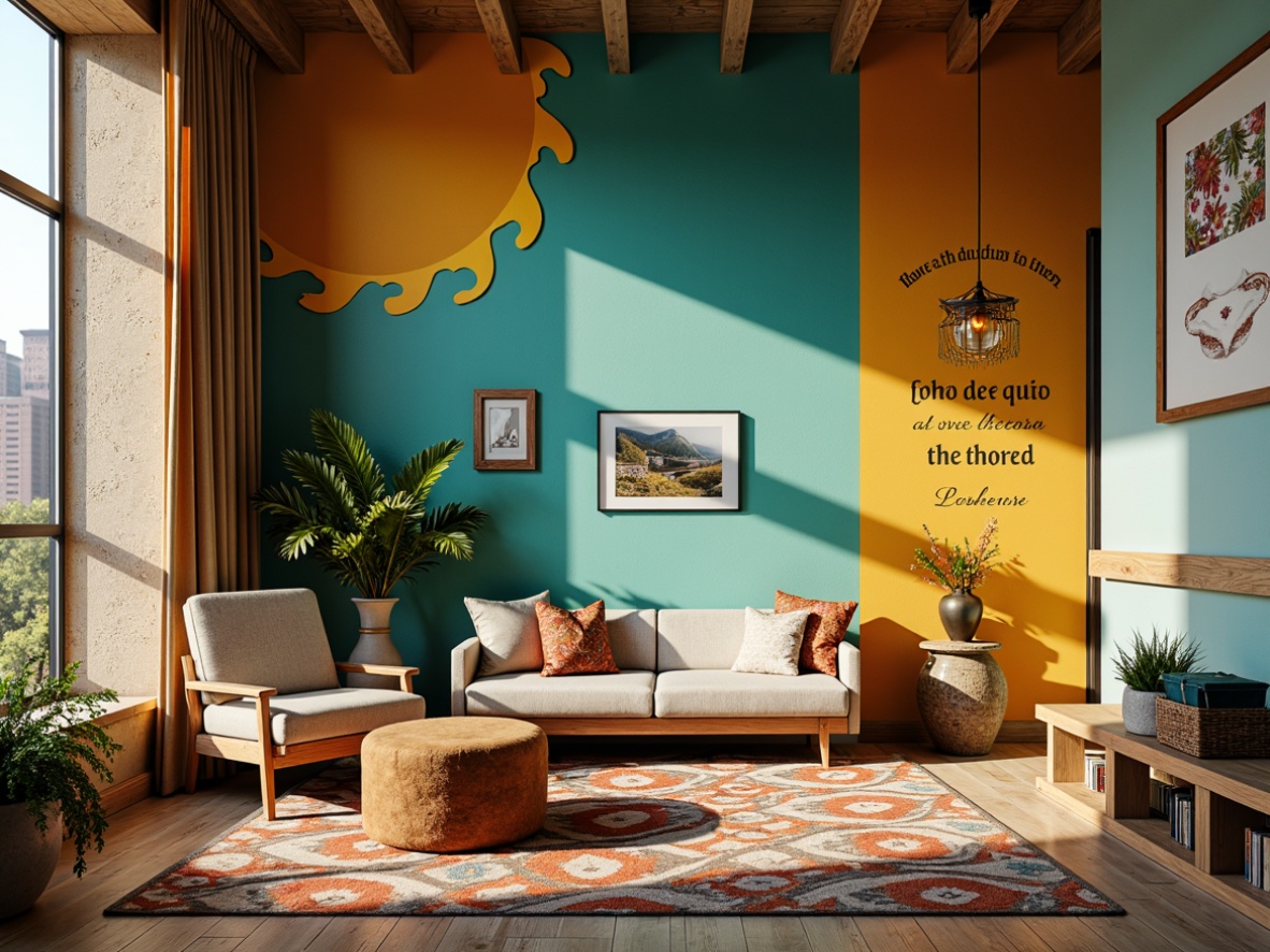 Prompt: Vibrant artistic space, eclectic furniture pieces, rich wood accents, bold geometric patterns, creamy pastel hues, deep blues and greens, warm golden lighting, soft focus, 1/2 composition, atmospheric perspective, subtle texture overlays, whimsical illustrations, inspirational quotes, cozy reading nooks, plush area rugs, natural fiber textiles, earthy scents, calming ambiance.