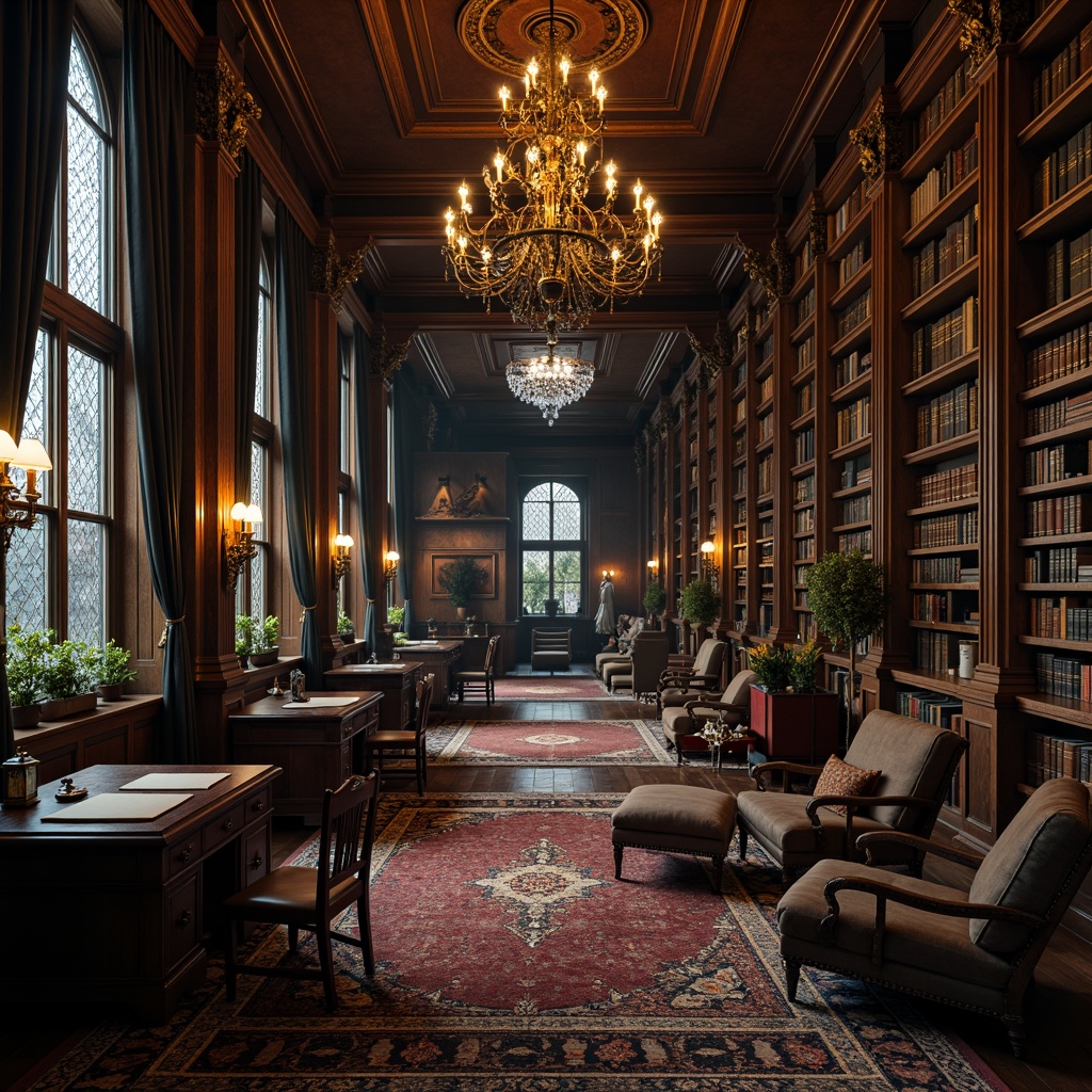 Prompt: Dark academia atmosphere, mysterious ambiance, rich wood tones, ornate carvings, grandiose chandeliers, stained glass windows, intricately patterned rugs, heavy drapery, wooden paneling, tall bookshelves, ancient tomes, leather-bound books, bronze accents, mystical symbols, dim warm lighting, cozy reading nooks, plush velvet armchairs, wooden desks with ornate legs, metal lanterns, mystical artifacts, eerie silence, mysterious shadows.