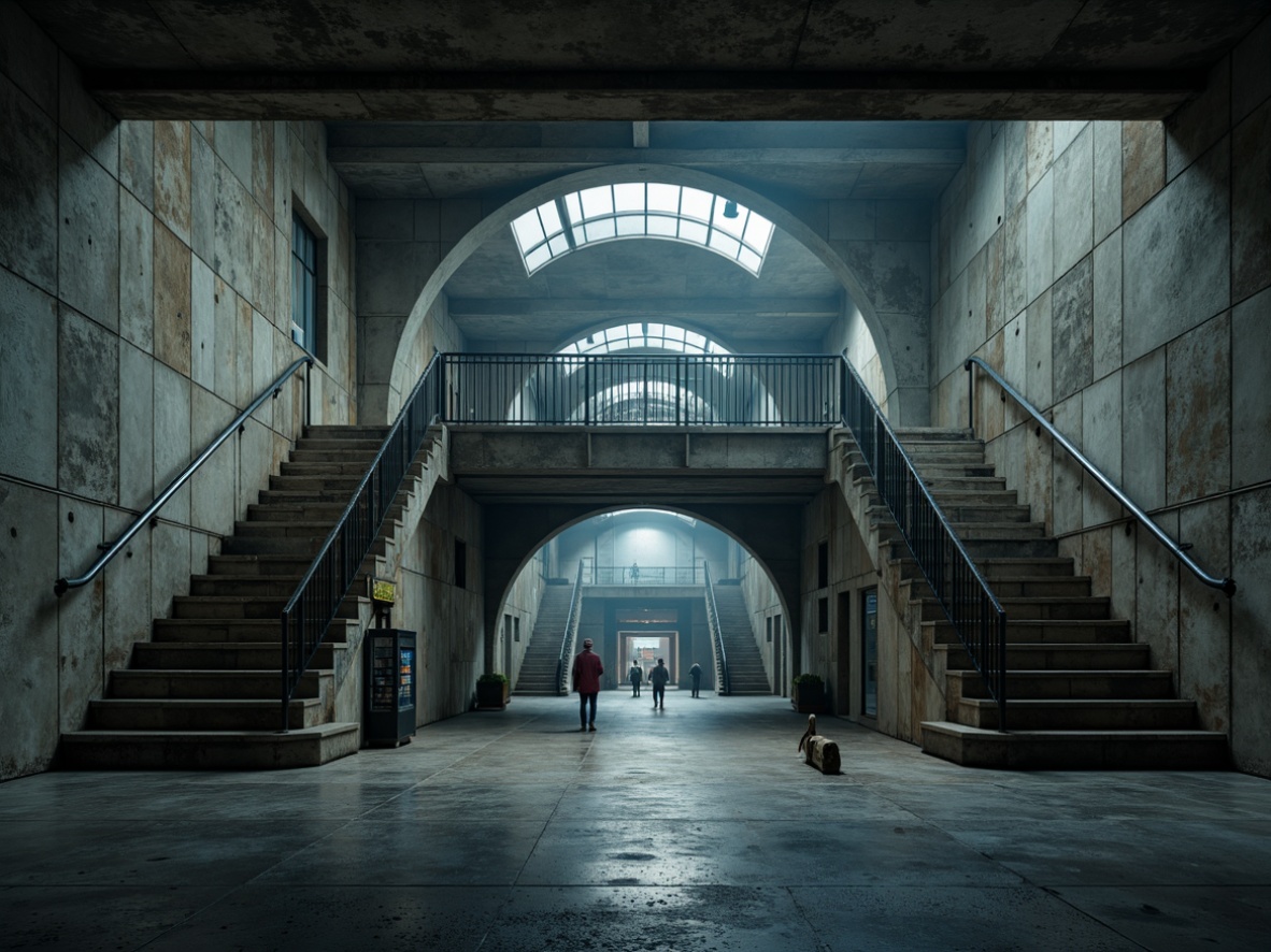 Prompt: Exposed concrete walls, rough-textured surfaces, industrial-chic brutalism style, urban metro station atmosphere, dimly lit ambiance, steel beams, raw unfinished ceilings, functional minimalism, geometric patterns, cold color tones, atmospheric misting effects, moody shadows, cinematic lighting, dramatic archways, grand staircases, sleek metal railings, modernist typography, underground vibe, rough-hewn stone floors, distressed metallic accents, bold structural elements.