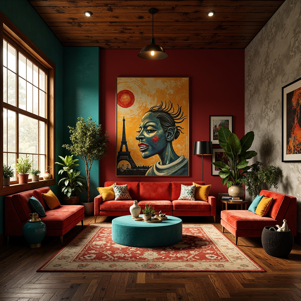 Prompt: Vibrant art studio, eclectic furniture, bold color blocking, warm golden lighting, rich turquoise accents, deep crimson walls, luxurious velvet fabrics, ornate wooden panels, distressed textures, avant-garde decor, oversized artwork, abstract patterns, moody atmosphere, dramatic shadows, cinematic composition, high contrast ratios, warm cool tone juxtaposition.