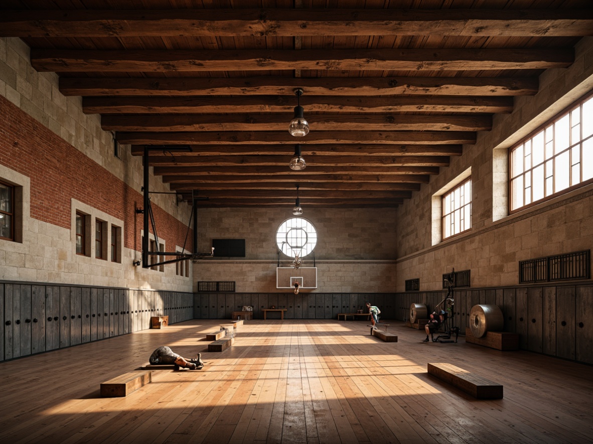 Prompt: Rustic gymnasium interior, wooden beam ceiling, exposed brick walls, distressed wood flooring, vintage athletic equipment, metal lockers, industrial-style lighting fixtures, warm softbox lighting, cozy ambient glow, natural stone accents, earthy color palette, reclaimed wood textures, wooden benches, athletic track lanes, sports-themed decor, nostalgic atmosphere, shallow depth of field, 1/1 composition, realistic shadows, subtle lens flares.