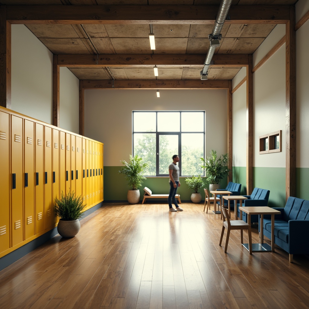 Prompt: Minimalist high school interior, soft warm lighting, calm atmosphere, neutral color palette, wooden flooring, simple furniture, bold color accents, vibrant yellow lockers, deep blue chairs, greenery walls, industrial metal beams, modern architectural details, shallow depth of field, 1/1 composition, realistic textures, ambient occlusion.