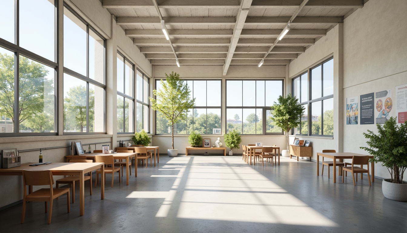 Prompt: Minimalist school building, abundant natural light, large windows, simple clean lines, industrial metal frames, polished concrete floors, plain white walls, educational posters, modern wooden furniture, greenery plants, calm atmosphere, soft warm lighting, shallow depth of field, 1/1 composition, realistic textures, ambient occlusion.