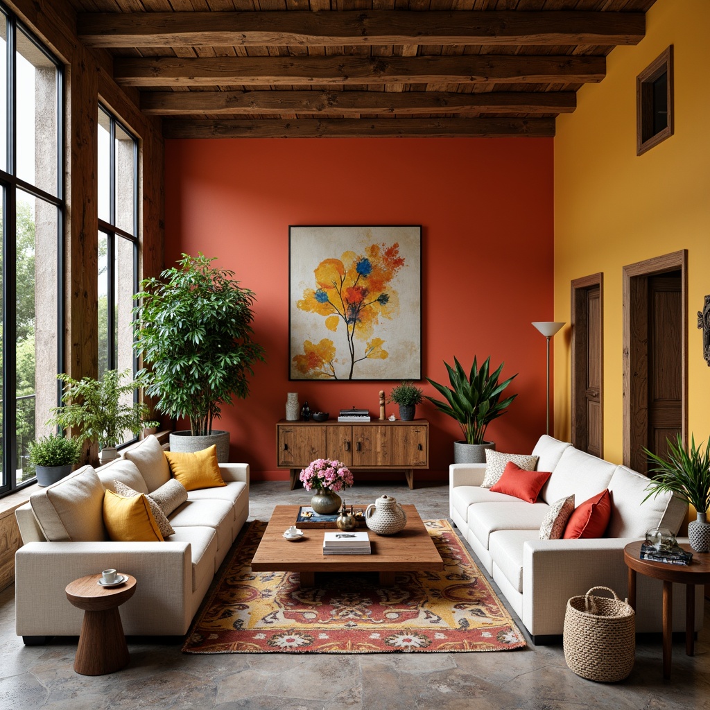 Prompt: Vibrant living room, bold accent walls, rich wood furniture, creamy white sofas, lush green plants, natural stone flooring, warm golden lighting, cozy textiles, eclectic decorative accents, global-inspired patterns, abstract artwork, large windows, soft diffused light, 3/4 composition, atmospheric perspective.