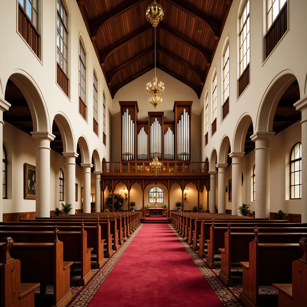 Prompt: Elegant church interior, wooden pews, stained glass windows, grand organ pipes, ornate chandeliers, plush red carpets, cream-colored walls, traditional architectural style, comfortable seating, wooden benches, velvet upholstery, golden accents, subtle lighting, warm ambiance, 1/1 composition, realistic textures, ambient occlusion.