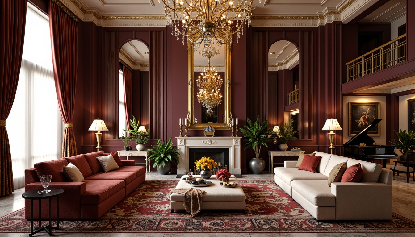 Prompt: Luxurious great room, opulent furnishings, velvet drapes, ornate mirrors, metallic accents, geometric patterns, bold colors, lavish textiles, intricate embroidery, beaded fringe, tassel details, marble floors, crystal chandeliers, grand piano, statement artwork, dramatic lighting, warm ambiance, 1/1 composition, shallow depth of field, soft focus.