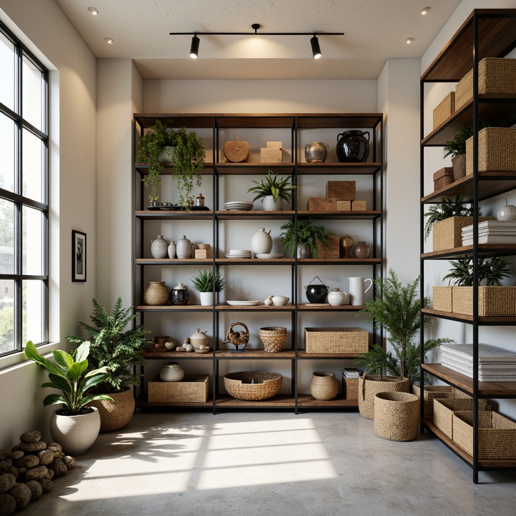 Prompt: Modern storage room, stylish shelving units, industrial metal frames, reclaimed wood accents, minimalist decor, creamy white walls, polished concrete floors, soft warm lighting, 1/1 composition, realistic textures, ambient occlusion, sleek storage bins, woven baskets, decorative vases, lush greenery, potted plants, natural stone features, urban loft atmosphere.