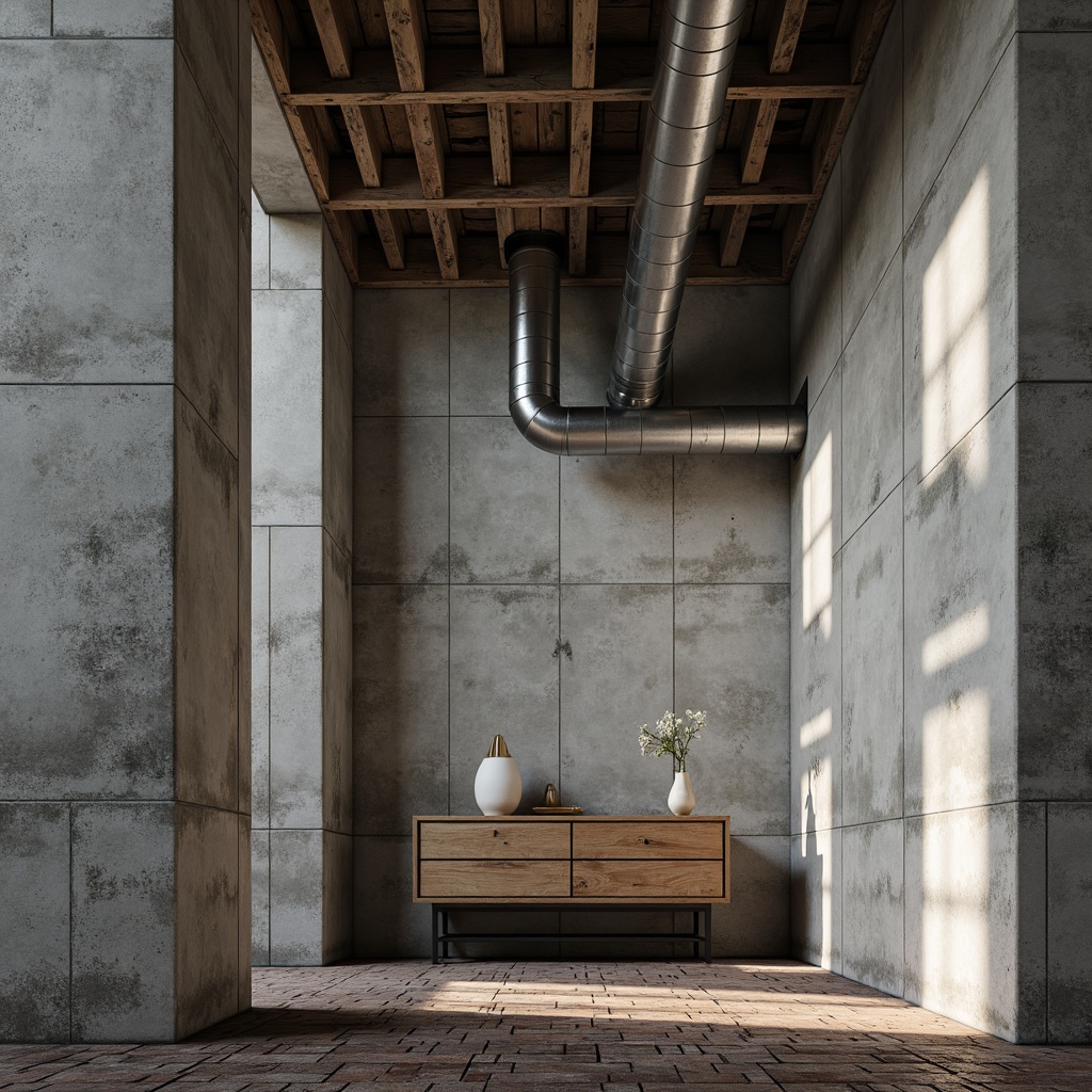 Prompt: Rough-hewn concrete walls, exposed ductwork, industrial metal beams, reclaimed wood accents, raw stone flooring, distressed brick textures, minimalist decor, brutalist architecture, cold atmospheric lighting, dramatic shadows, 1/1 composition, high-contrast imagery, realistic material renderings, ambient occlusion, detailed surface imperfections.