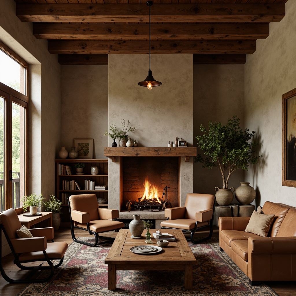 Prompt: Rustic wooden accents, earthy brown tones, warm beige walls, vintage hardware fixtures, natural stone fireplaces, distressed leather furniture, woven textiles, rich woodgrain patterns, cozy candlelit ambiance, soft warm lighting, shallow depth of field, 1/2 composition, realistic textures, ambient occlusion.