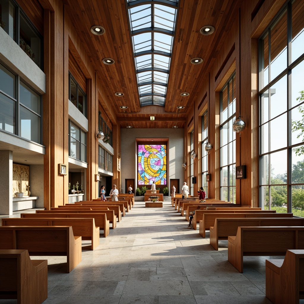 Prompt: Modern church interior, minimalist altar, natural stone flooring, wooden pews, stained glass windows, abstract sculptures, suspended lighting fixtures, open ceiling design, industrial chic aesthetic, reclaimed wood accents, geometric patterns, vibrant color scheme, spacious nave, clerestory windows, soft warm lighting, 3/4 composition, panoramic view, realistic textures, ambient occlusion.