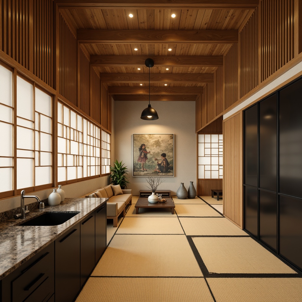 Prompt: Traditional Japanese tatami rooms, natural wood accents, shoji screens, sliding doors, minimalist decor, subtle color palette, earthy tones, bamboo countertops, honed granite surfaces, matte black cabinets, warm LED lighting, soft focus, 1/1 composition, shallow depth of field, realistic textures, ambient occlusion.